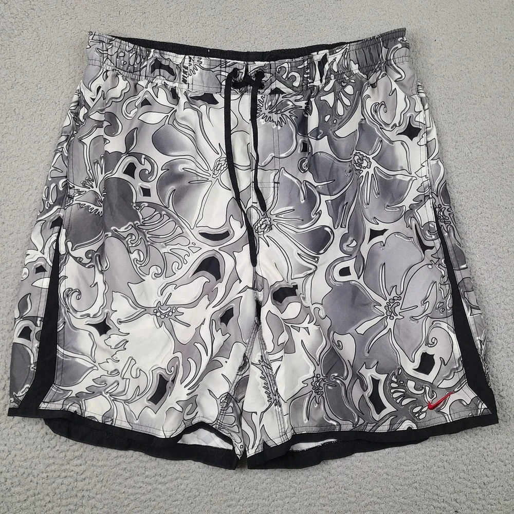 Nike Mens XL Swim Trunks Gray White Floral Hibiscus Board Shorts Red Swoosh Logo